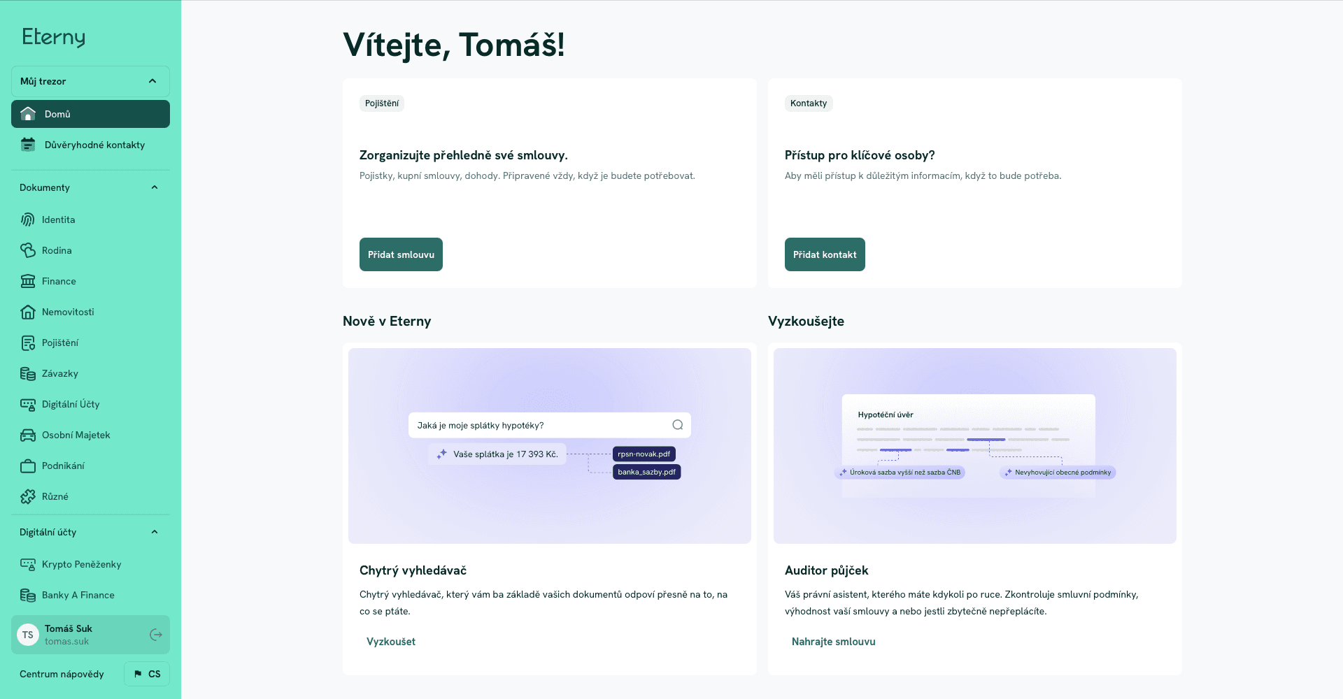 Eterny - Rozpočet a Správa financí - Finanční nástroj pro správa financí, finanční produkty, smlouvy, digitální úschova