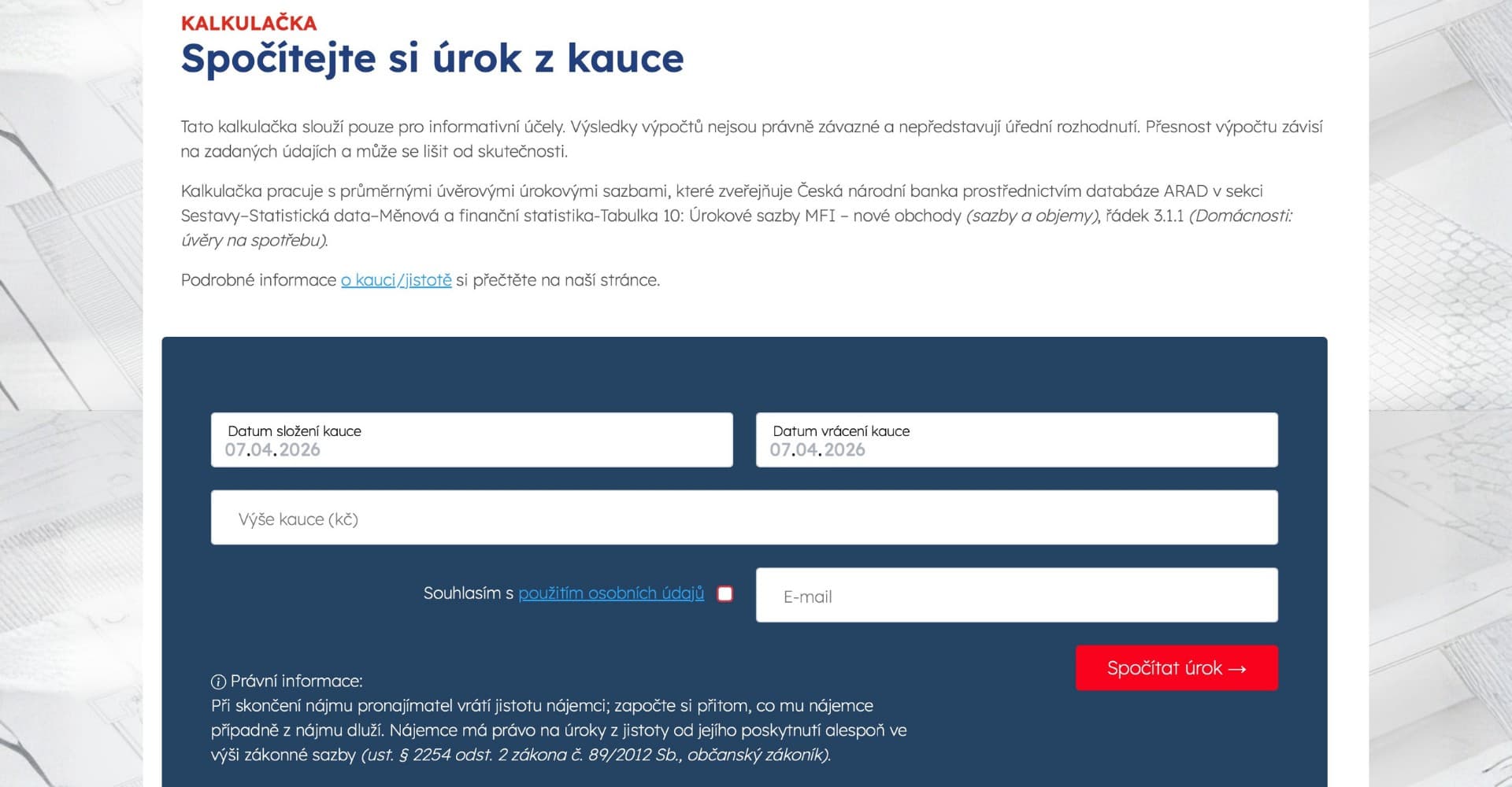 Kalkulačka úroků z kauce - Právní aspekty a Daně - Finanční nástroj pro kauce, úroky z kauce, nájem, ČNB, kalkulačka